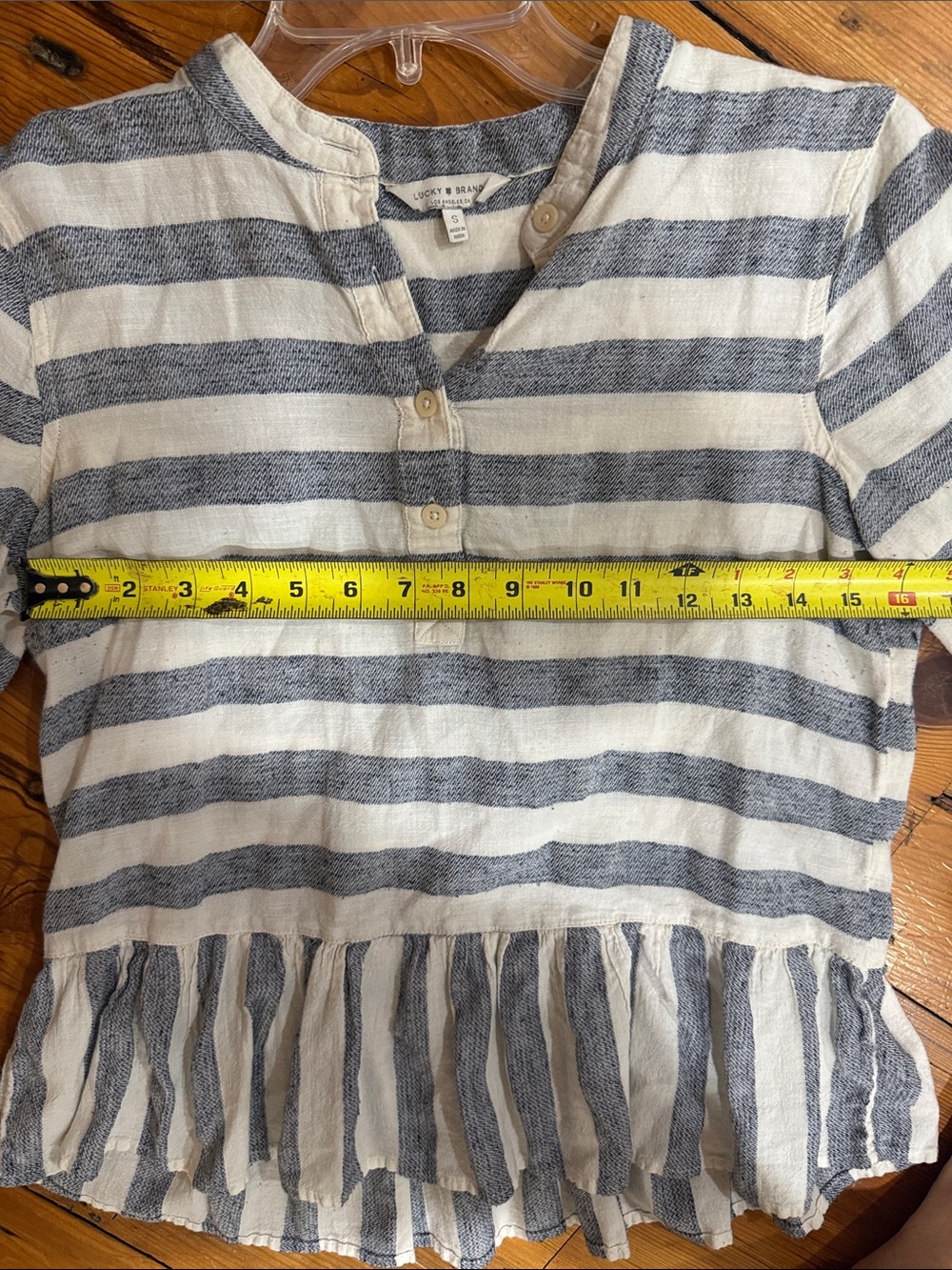 Lucky Brand Blue & Cream Striped Peplum Henley Top size small - Picture 7 of 9